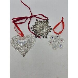 VINTAGE LENOX CHRISTMAS ORNAMENT BUNDLE SNOW MAJESTY SNOWFLAKE HEART SILVER TONE